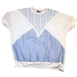 Vintage Grand Millennial Womens Large Top Blue White Geometric Cottage Core